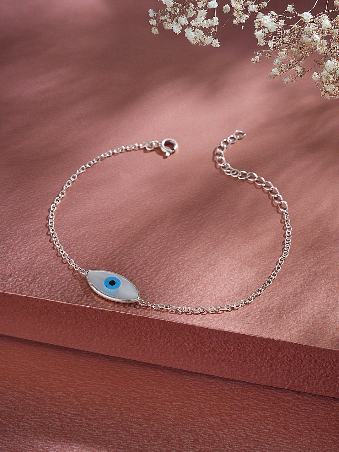 925 Silver Evil Eye Blue Minimal Adjustable Chain Charm Bracelet